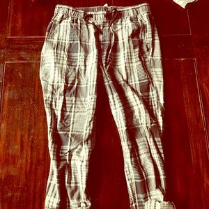 Gray and white checkered unique pants.